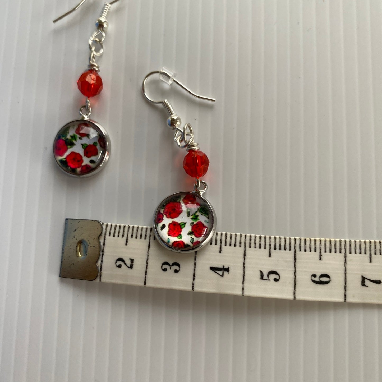 Long Dangle Floral Disc & Red Dangle Earrings - Pierced *THIS ITEM FREE SHIPPING
