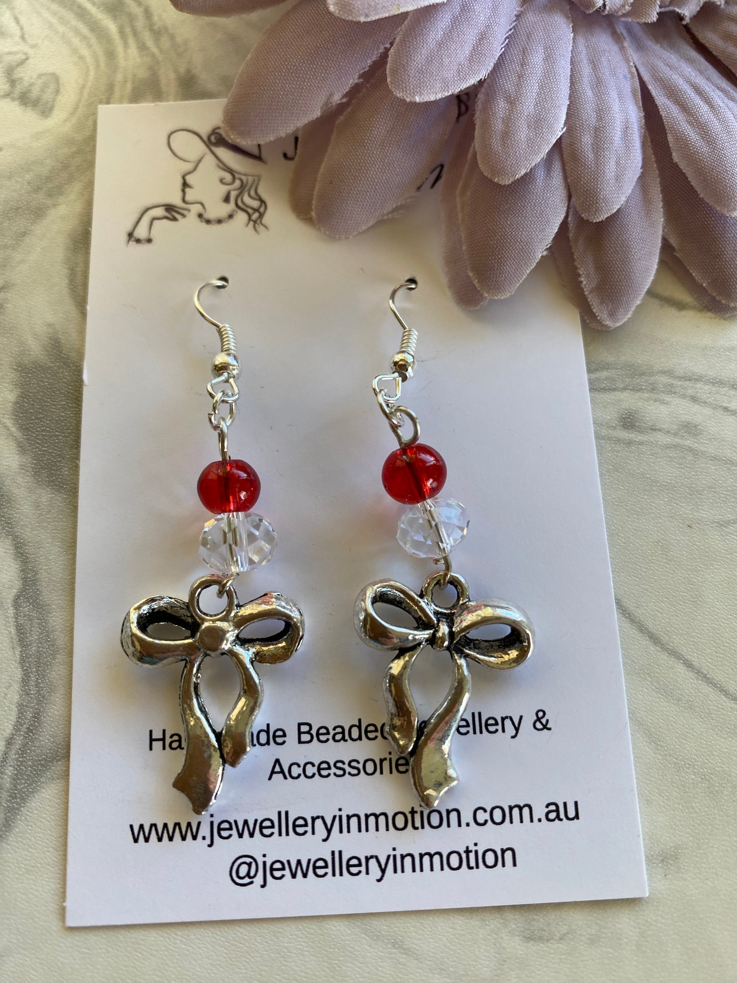 Silver tone Bow Dangle Earrings with Red & Clear Crystals - Pierced *THIS ITEM FREE SHIPPING