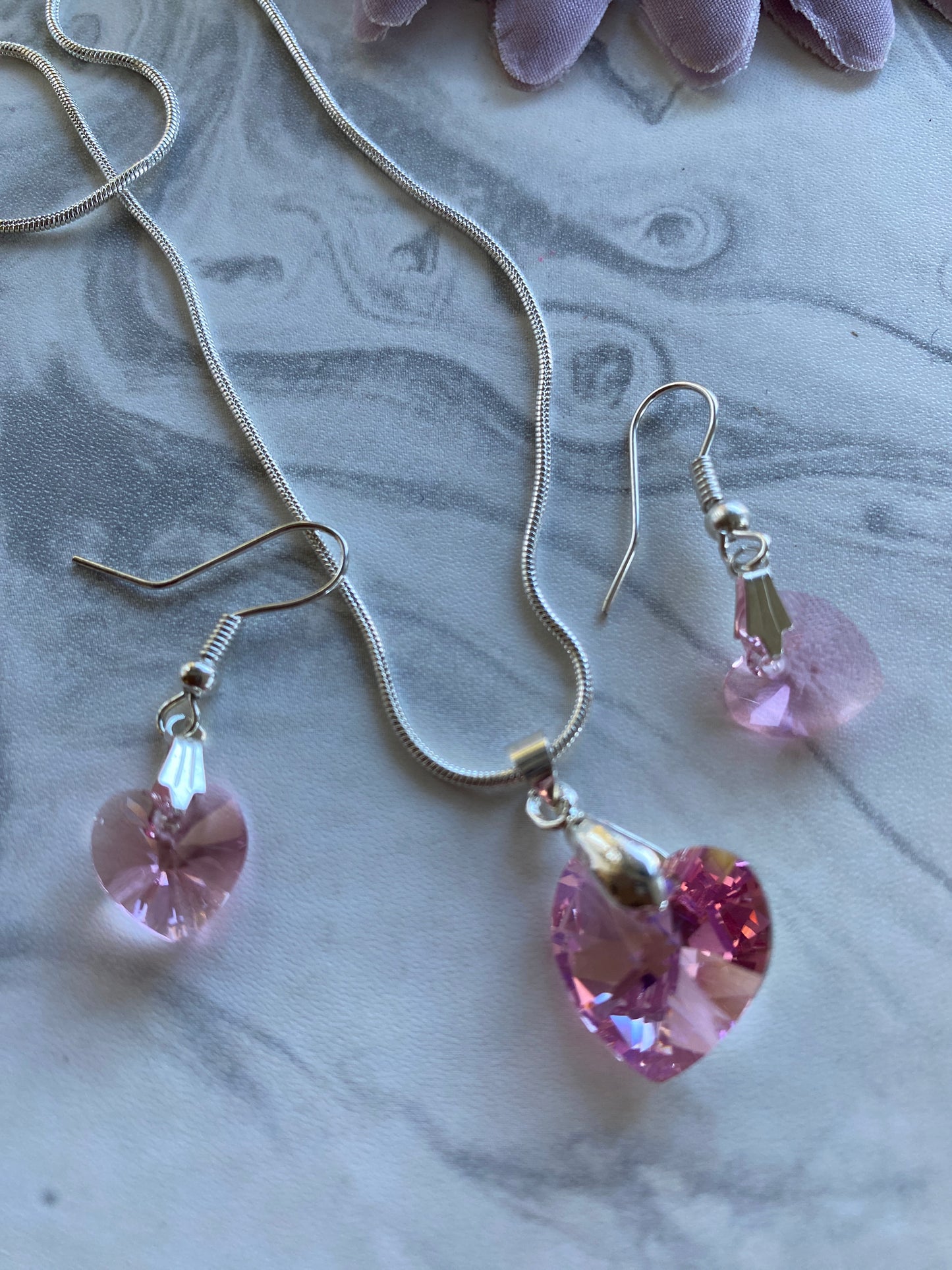 Pink Hearts Earring & Necklace Set Pierced Silver Plate