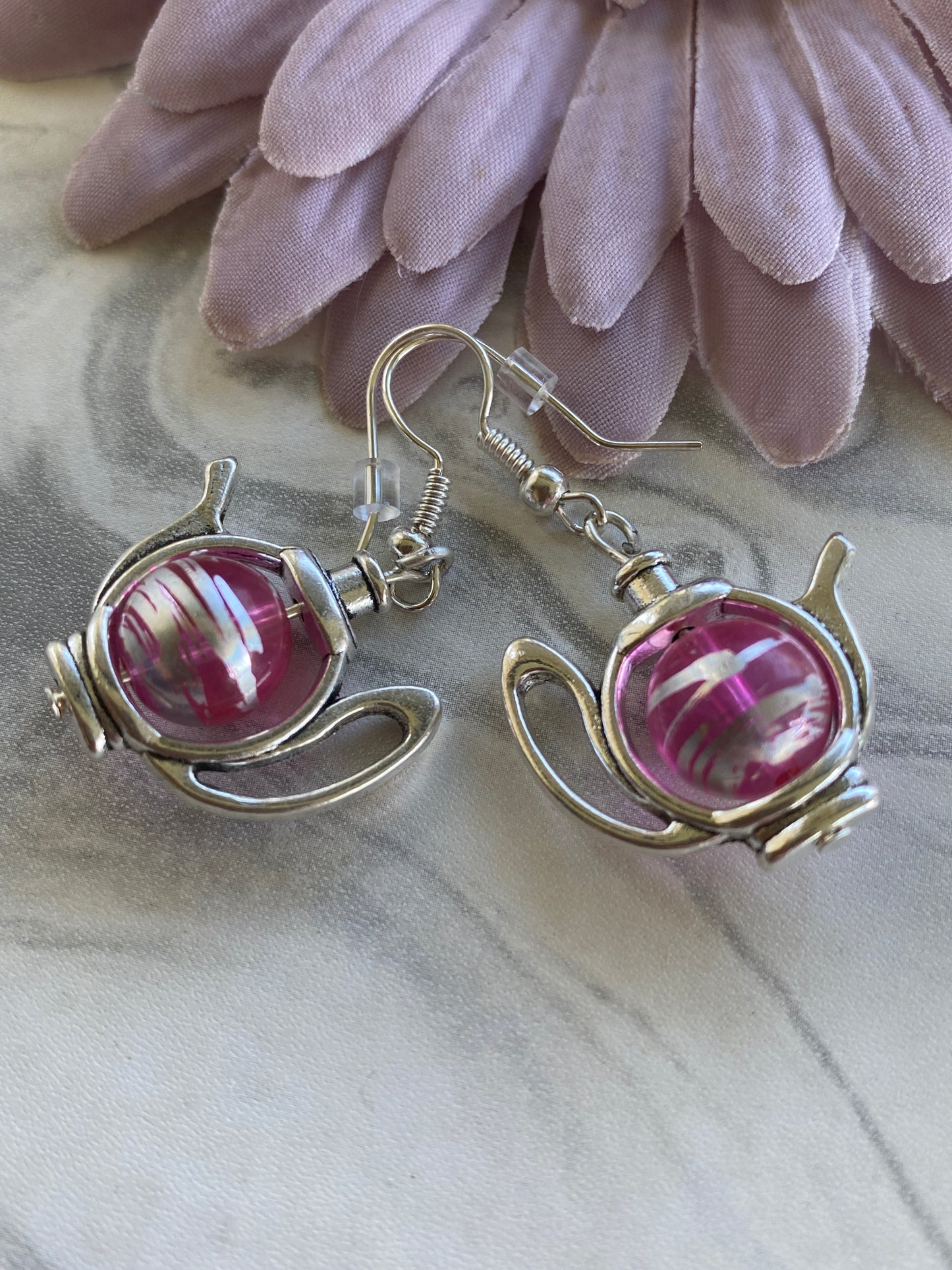 Teapot / Kettle Earrings Pink with Silver Swirl Pierced or Clip-On