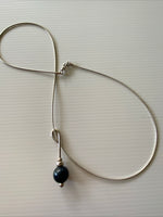 Blue Glass Pearl Round Drop Pendant Necklace Stretch  Silver Wire chain