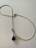 Blue Glass Pearl Round Drop Pendant Necklace Stretch  Silver Wire chain