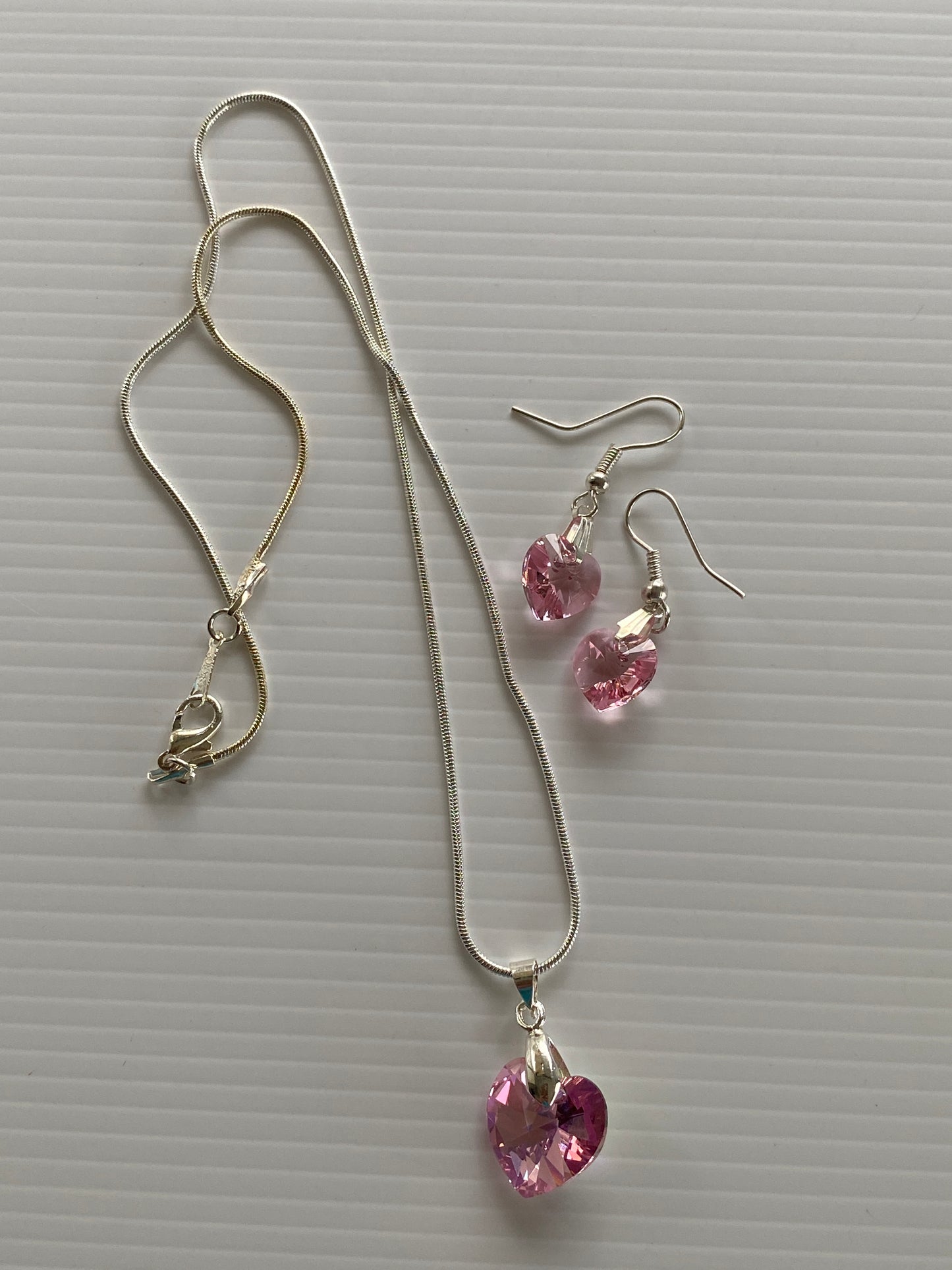 Pink Hearts Earring & Necklace Set Pierced Silver Plate