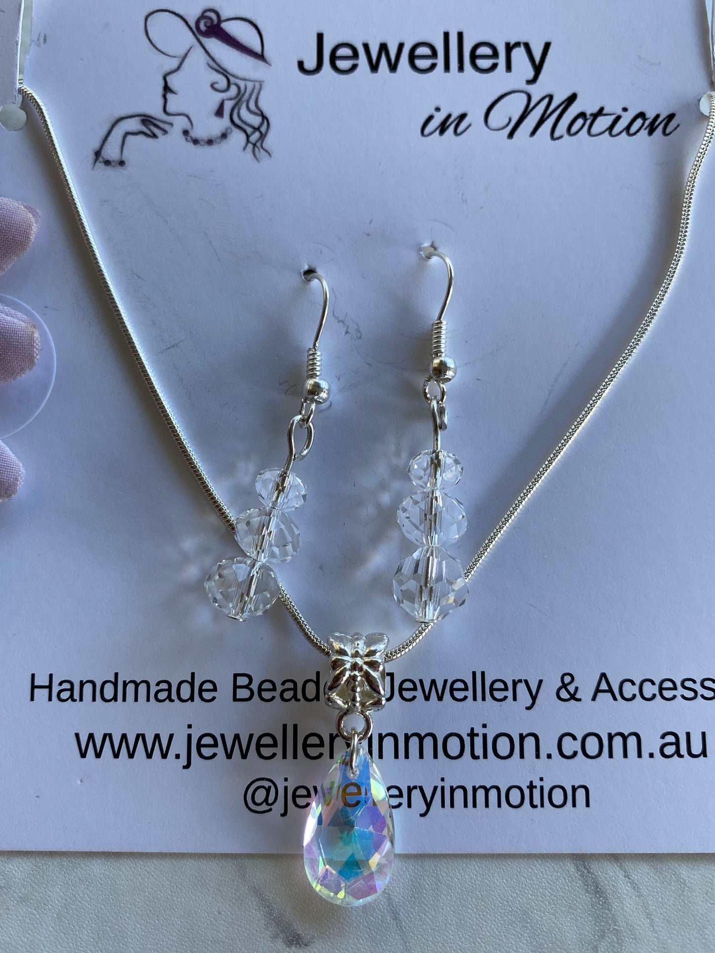 Crystal Clear Teardrop Necklace & Round Crystal Earring Set Pierced Silver Plate