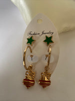 Christmas green Star Studs & Bauble Op0en Ended Hoop Twin Set Earrings Pierced Gold Plate Festive