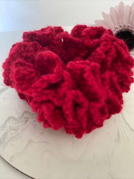 Hair Scrunchie Crochet Handmade Elastised Full Ruffled Deep Red Christmas Festive