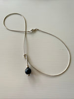 Blue Glass Pearl Round Drop Pendant Necklace Stretch  Silver Wire chain