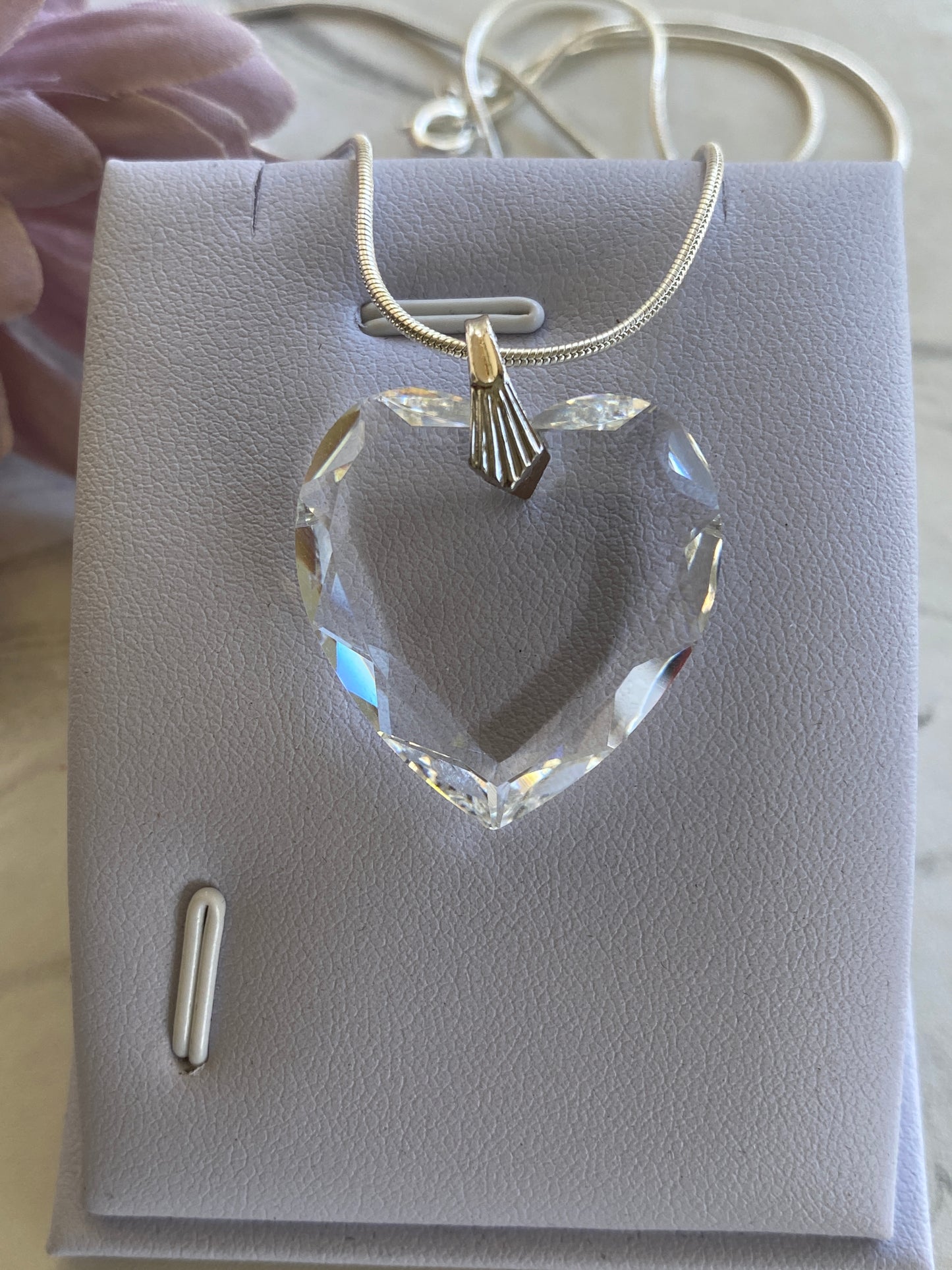 Crystal Clear Heart Pendant on Silver Plate Snake Chain Necklace