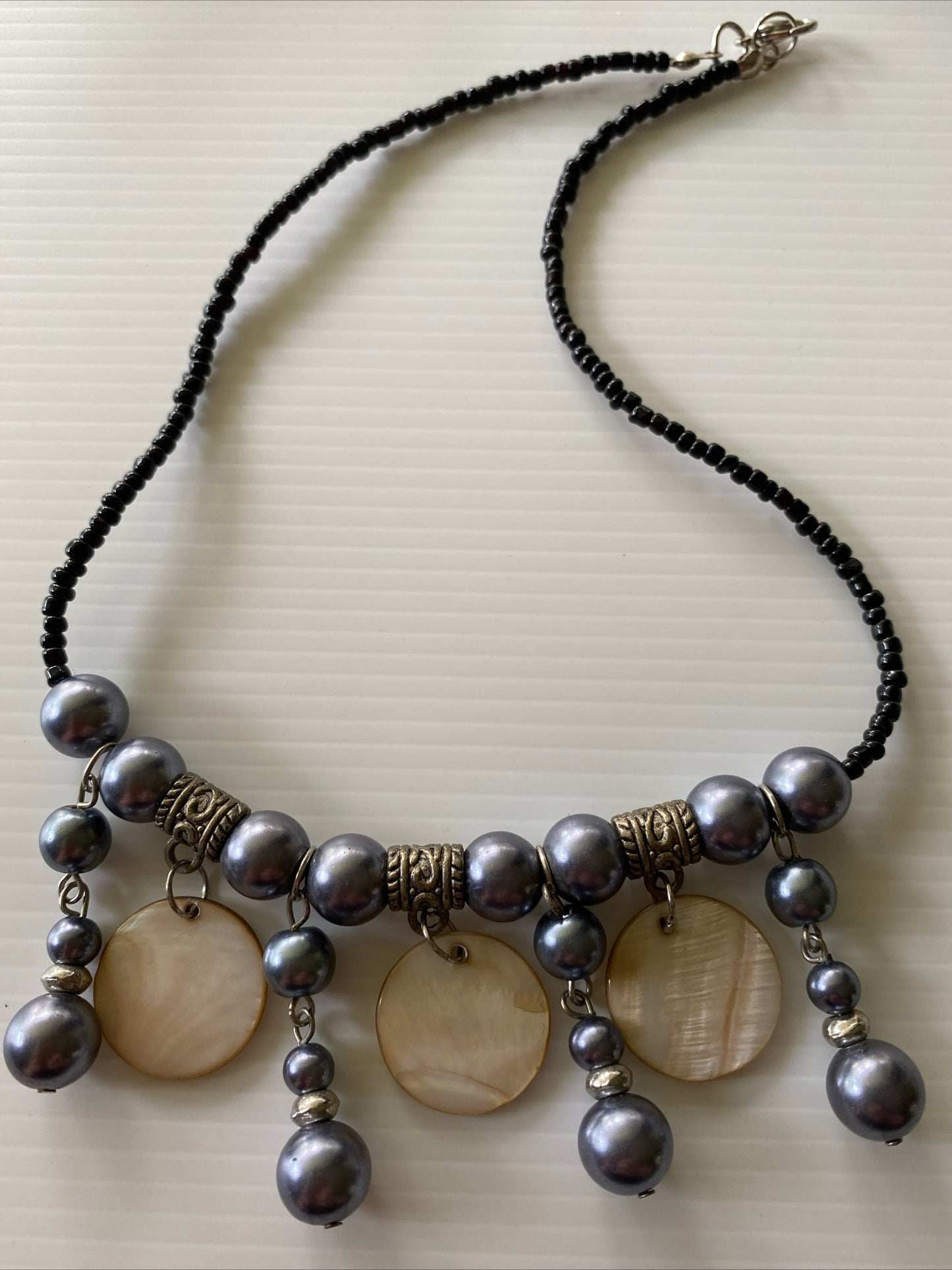 Black  Beaded Short Necklace Choker Blue Grey Glass pearl shiny round disc drops