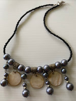 Black  Beaded Short Necklace Choker Blue Grey Glass pearl shiny round disc drops