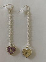 Heart Locket Purple Charm Shiny Silver Plate  Long Chain  Dangle Earrings Pierced