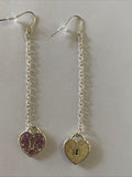 Heart Locket Purple Charm Shiny Silver Plate  Long Chain  Dangle Earrings Pierced