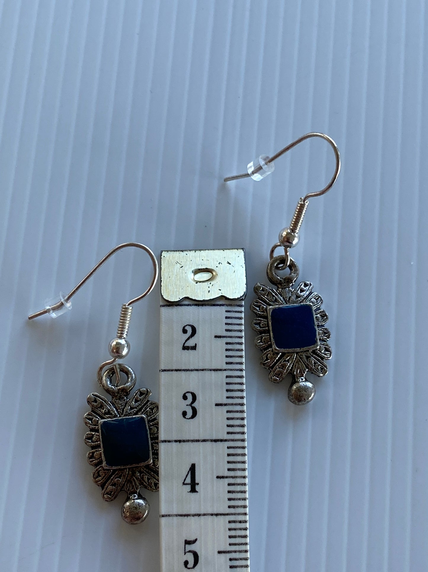 Antique Look Silver Ornate Rectangle Blue Square Enamel Hook Earrings~Pierced
