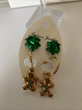Christmas Twin Set Green Bow GingerbreadManEarrings Pierced Gold Plate  Festive