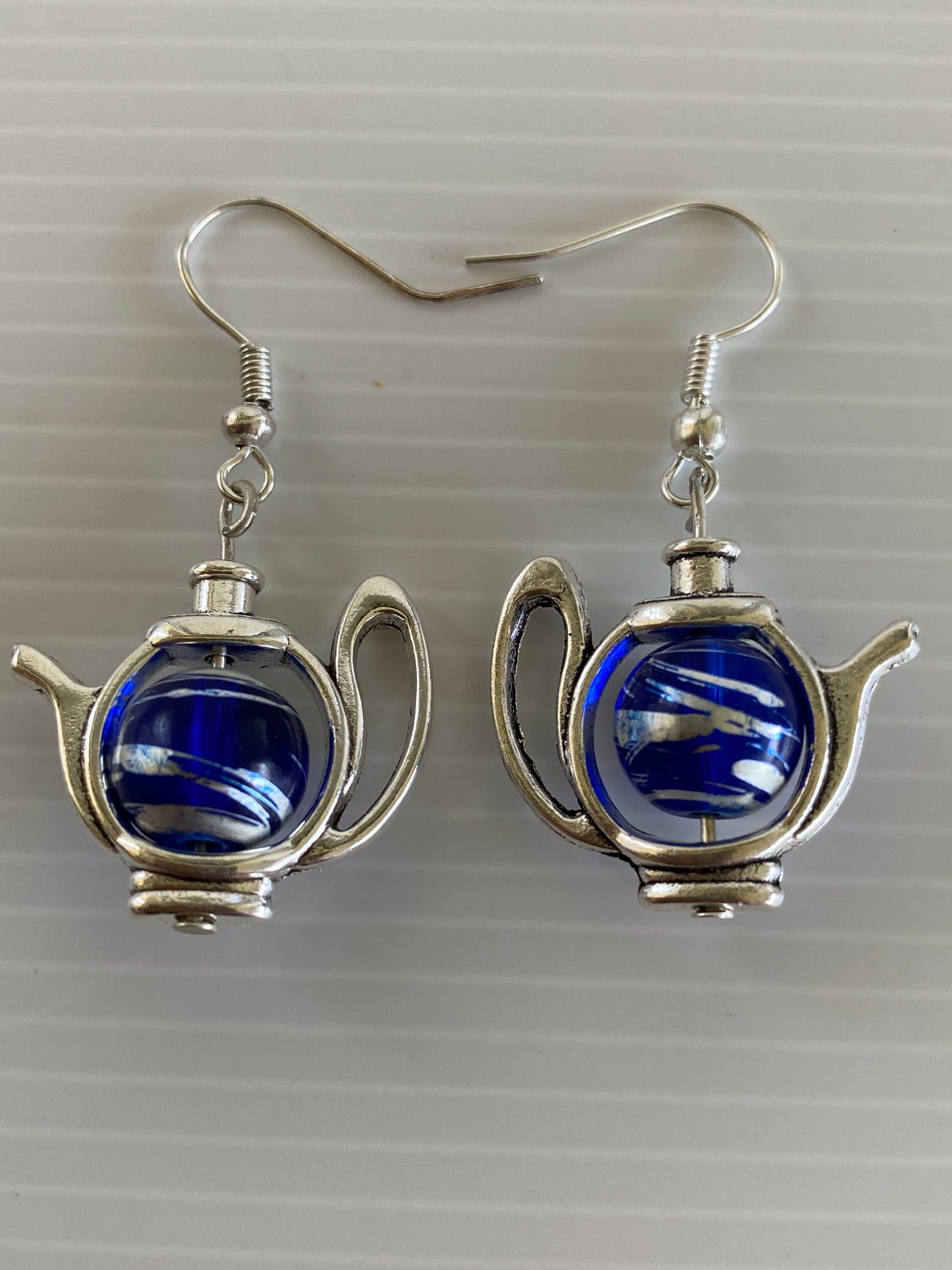Teapot / Kettle Earrings Dark Blue with Silver Swirl Pierced or Clip-On