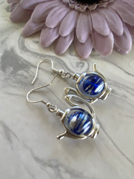 Teapot / Kettle Earrings Dark Blue with Silver Swirl Pierced or Clip-On