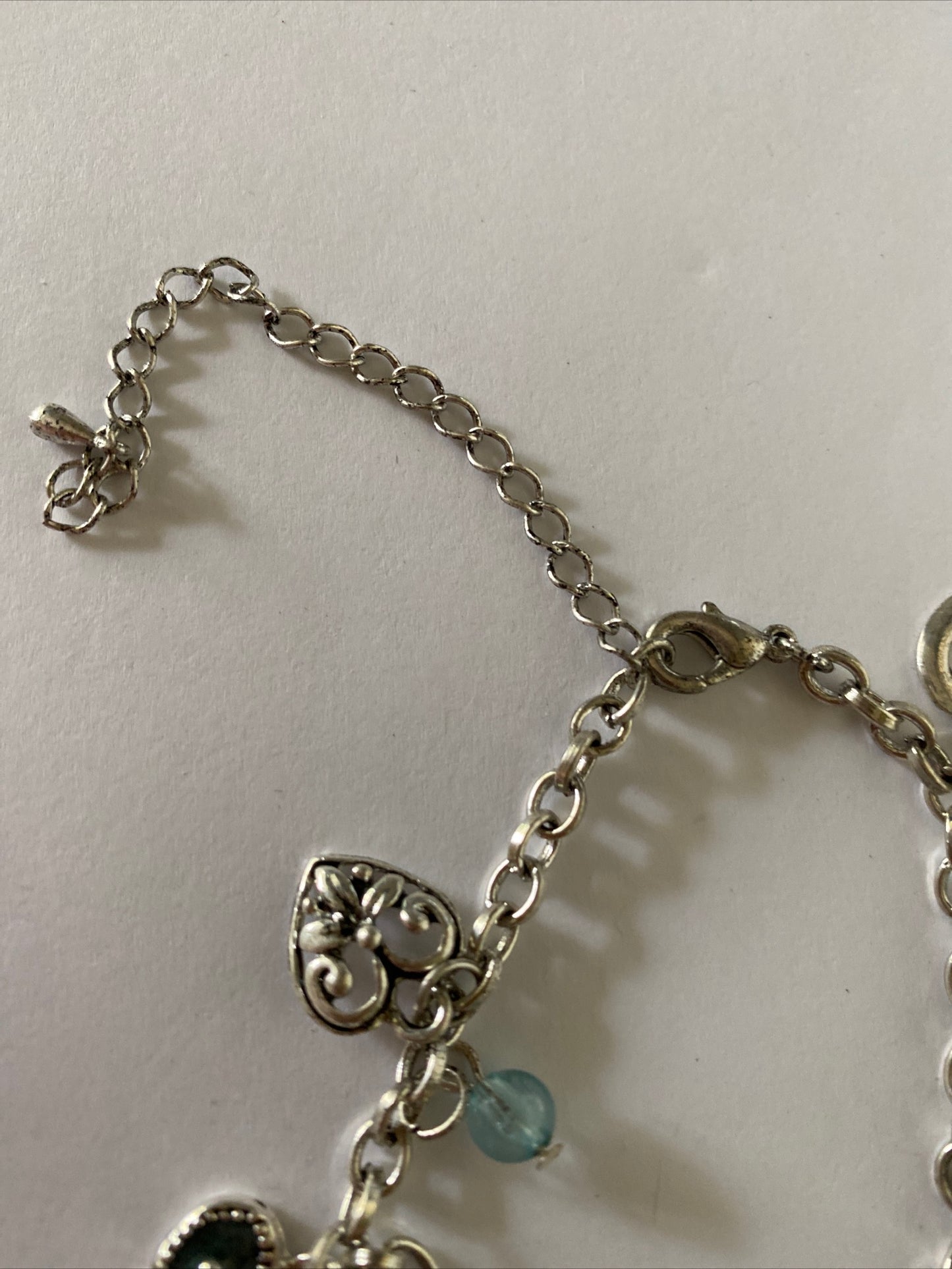Antique Look Silver Plate & Blue Bead Charm  Bracelet adjustable