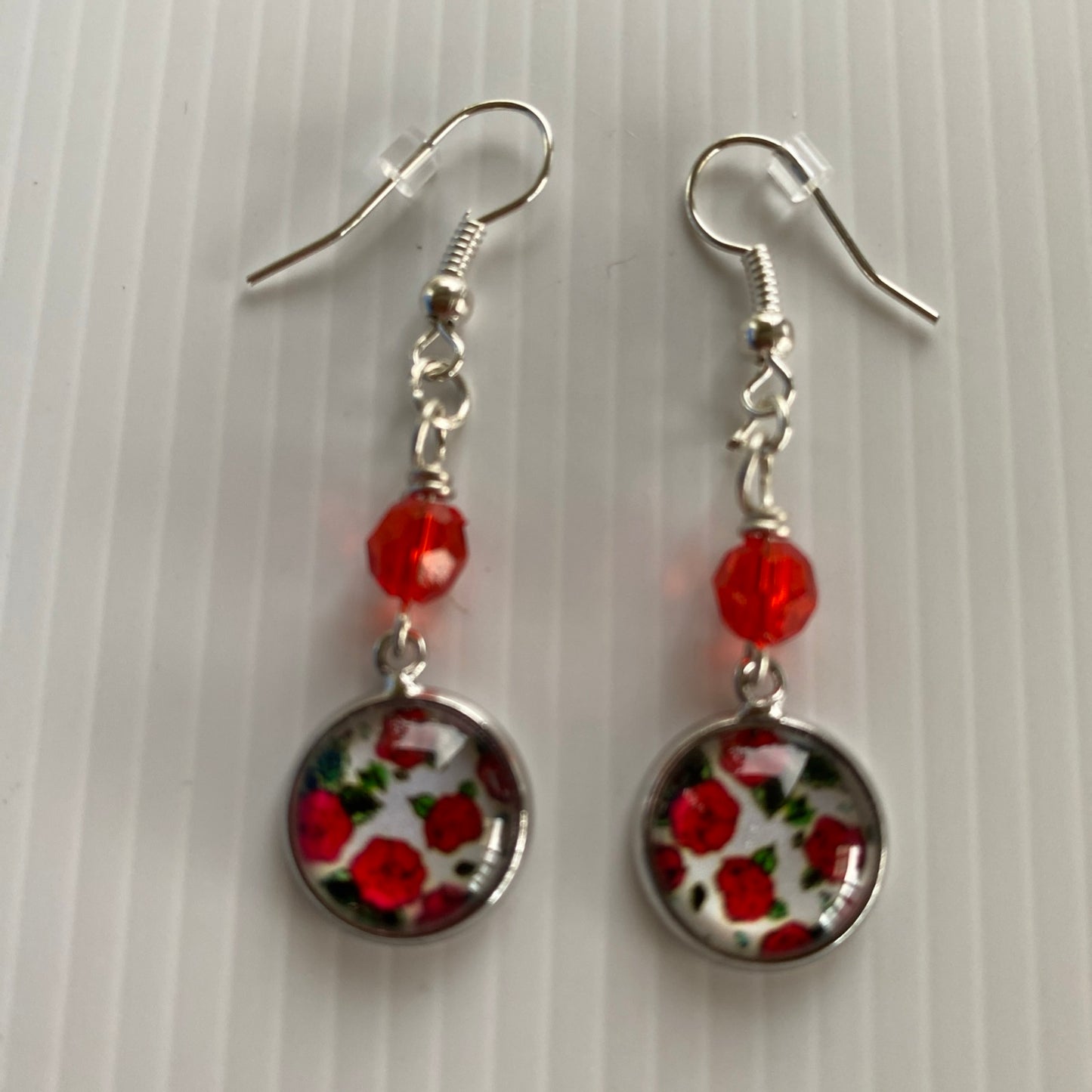 Long Dangle Floral Disc & Red Dangle Earrings - Pierced *THIS ITEM FREE SHIPPING