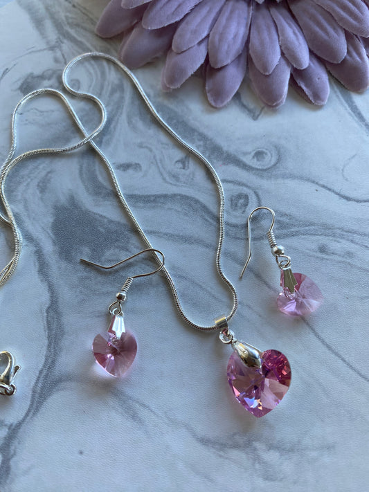 Pink Hearts Earring & Necklace Set Pierced Silver Plate