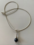 Blue Glass Pearl Round Drop Pendant Necklace Stretch  Silver Wire chain