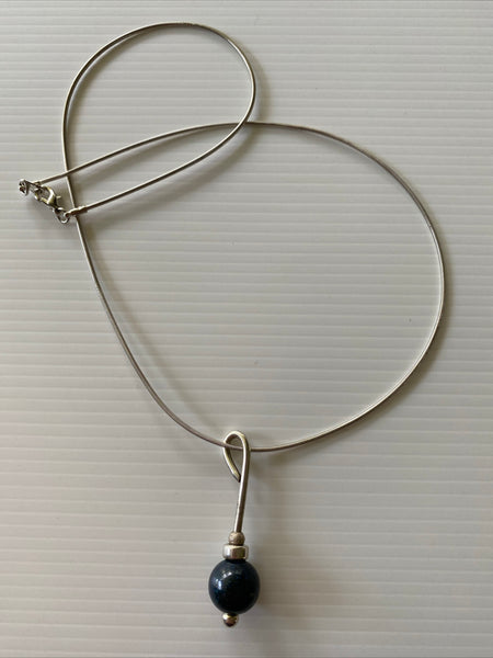 Blue Glass Pearl Round Drop Pendant Necklace Stretch  Silver Wire chain