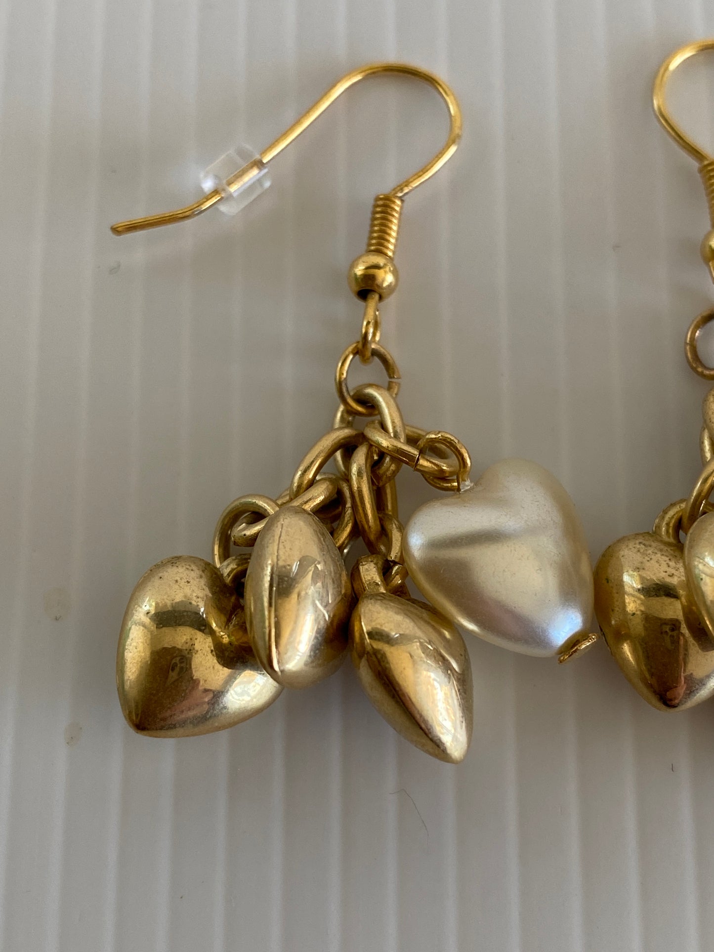 Gold Plate Heart Clusters Gold & White Pearl Dangle Earrings Pierced
