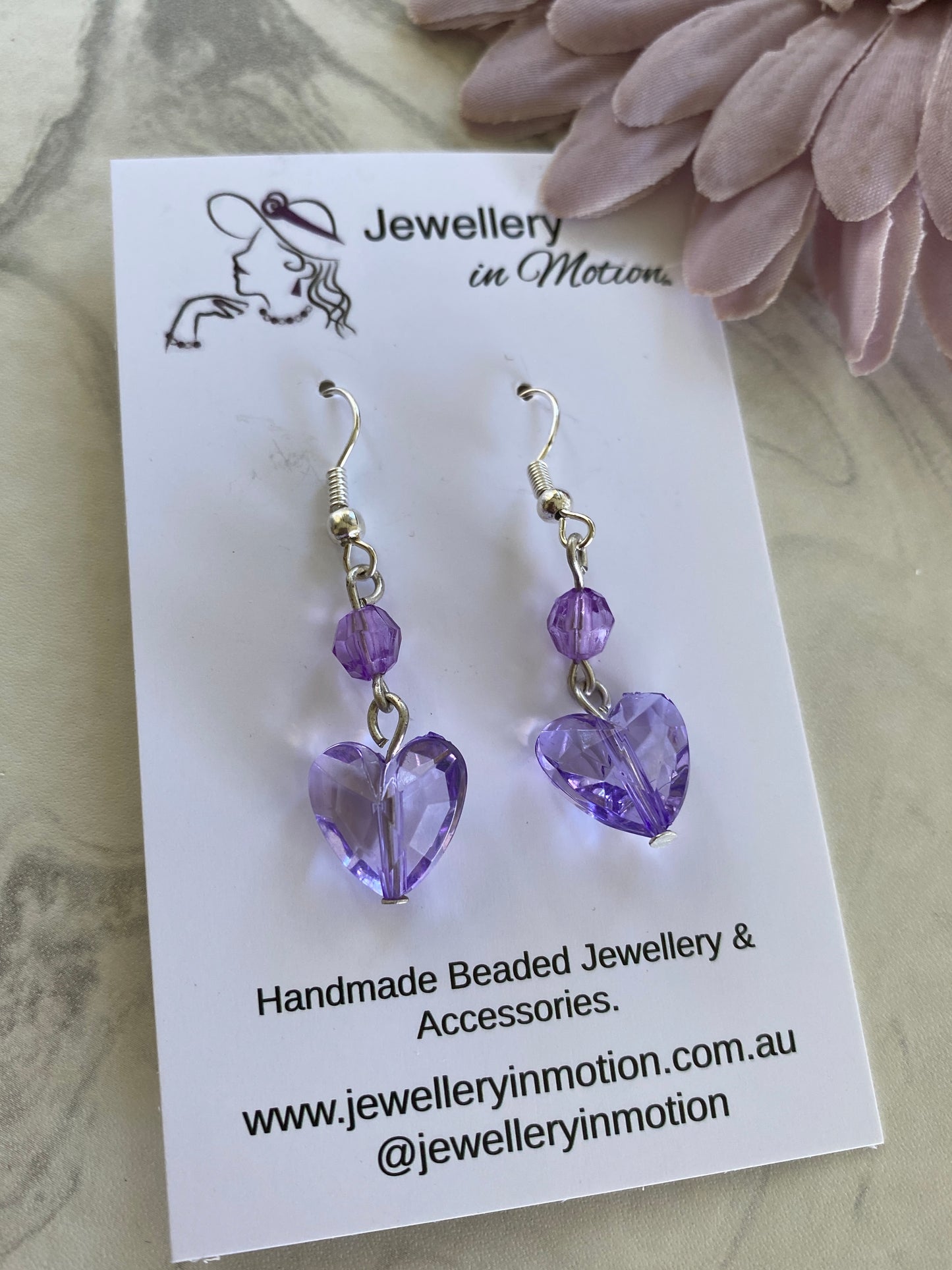 Long Dangle Purple Heart Earrings In assorted Ear Fastenings
