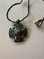 Short Round Metal Cross Detailed Green  Feature Pendant Cord  Necklace Choker