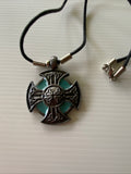 Short Round Metal Cross Detailed Green  Feature Pendant Cord  Necklace Choker