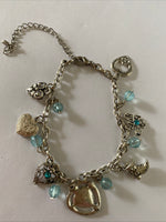 Antique Look Silver Plate & Blue Bead Charm  Bracelet adjustable
