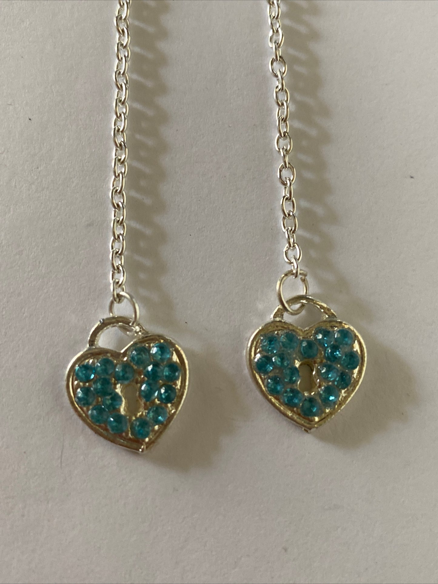 Heart Locket Blue Charm Shiny Silver Plate  Long Chain  Dangle Earrings Pierced