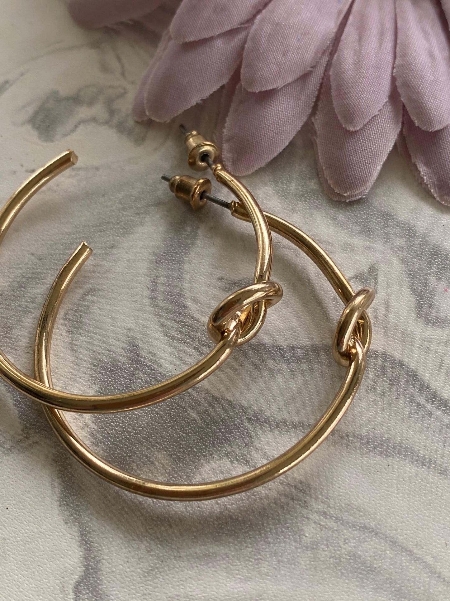 Large Hoop Earrings Gold Plate Plain Smooth Simple Knot Feature - Pierced Post