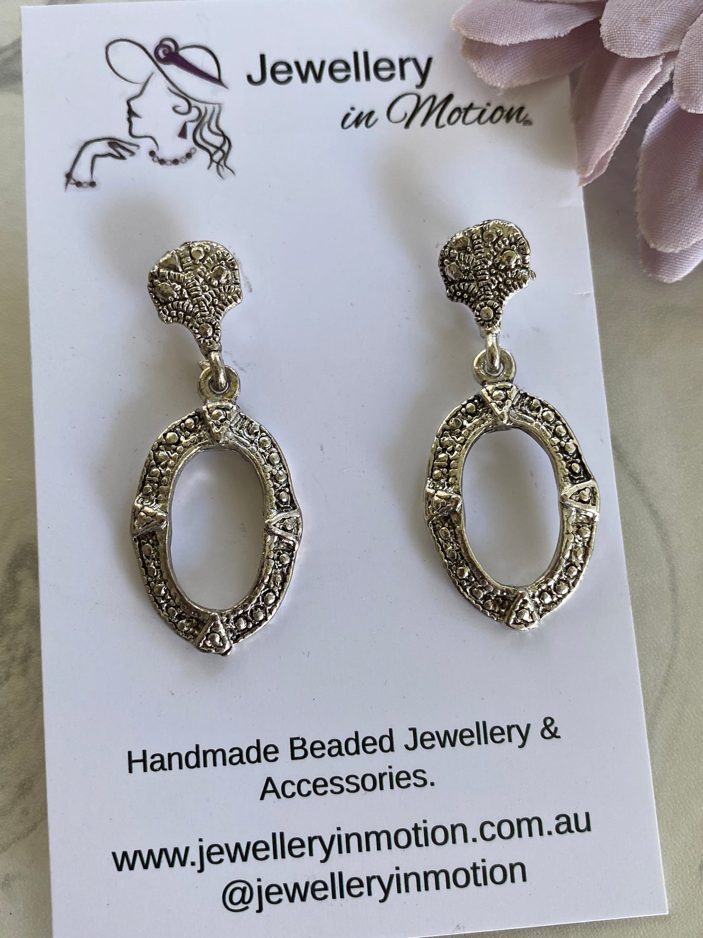 Antique Look Oval  Filigree  Dangle Earrings -Pierced Stud Butterfly Backing
