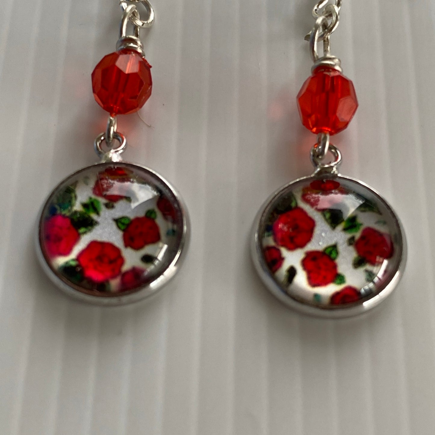 Long Dangle Floral Disc & Red Dangle Earrings - Pierced *THIS ITEM FREE SHIPPING