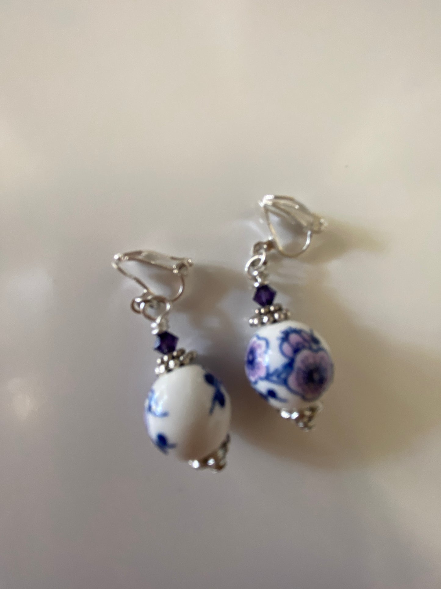 Blue & Plum Ceramic Blossom & Crystal Earrings Pierced or Clip-On