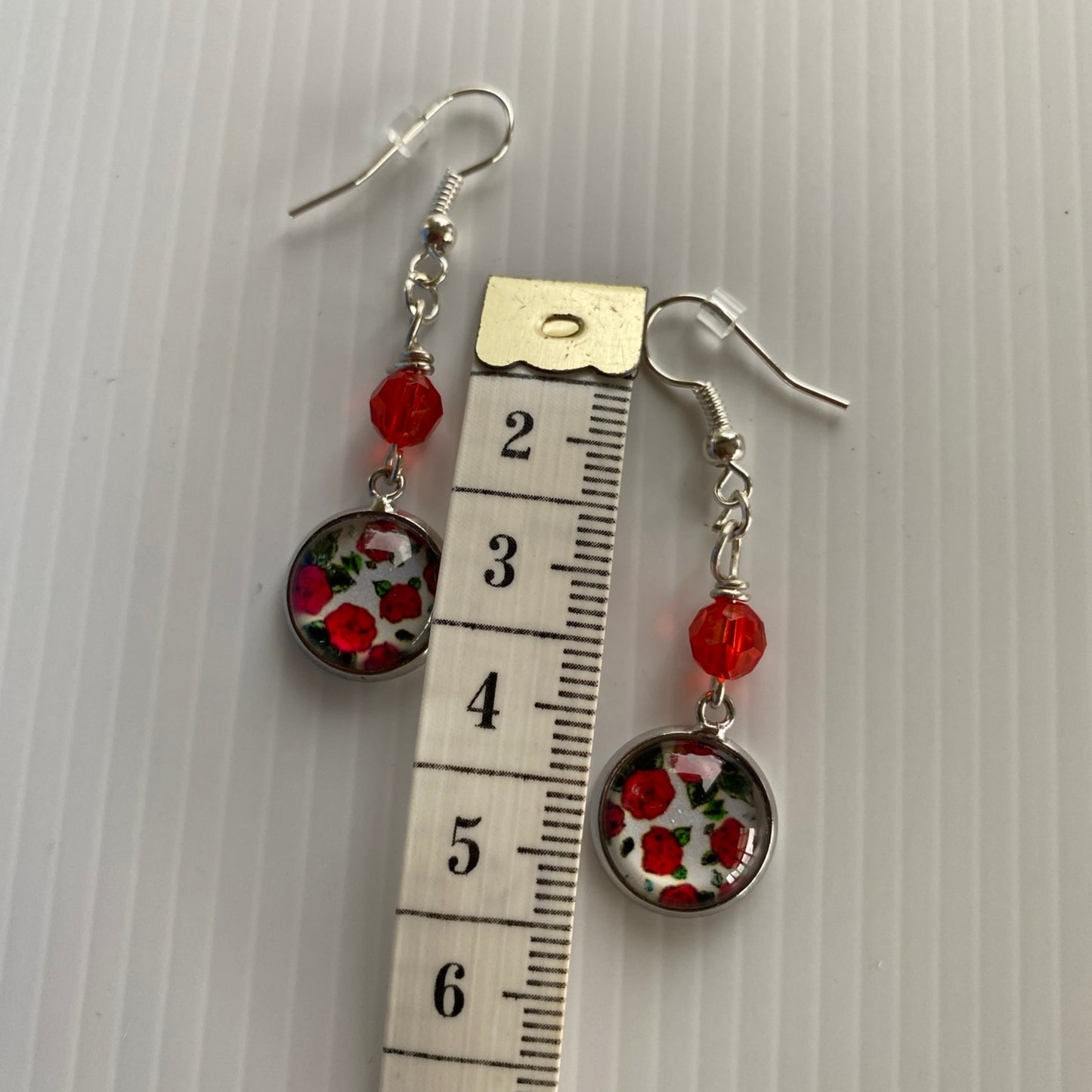 Long Dangle Floral Disc & Red Dangle Earrings - Pierced *THIS ITEM FREE SHIPPING