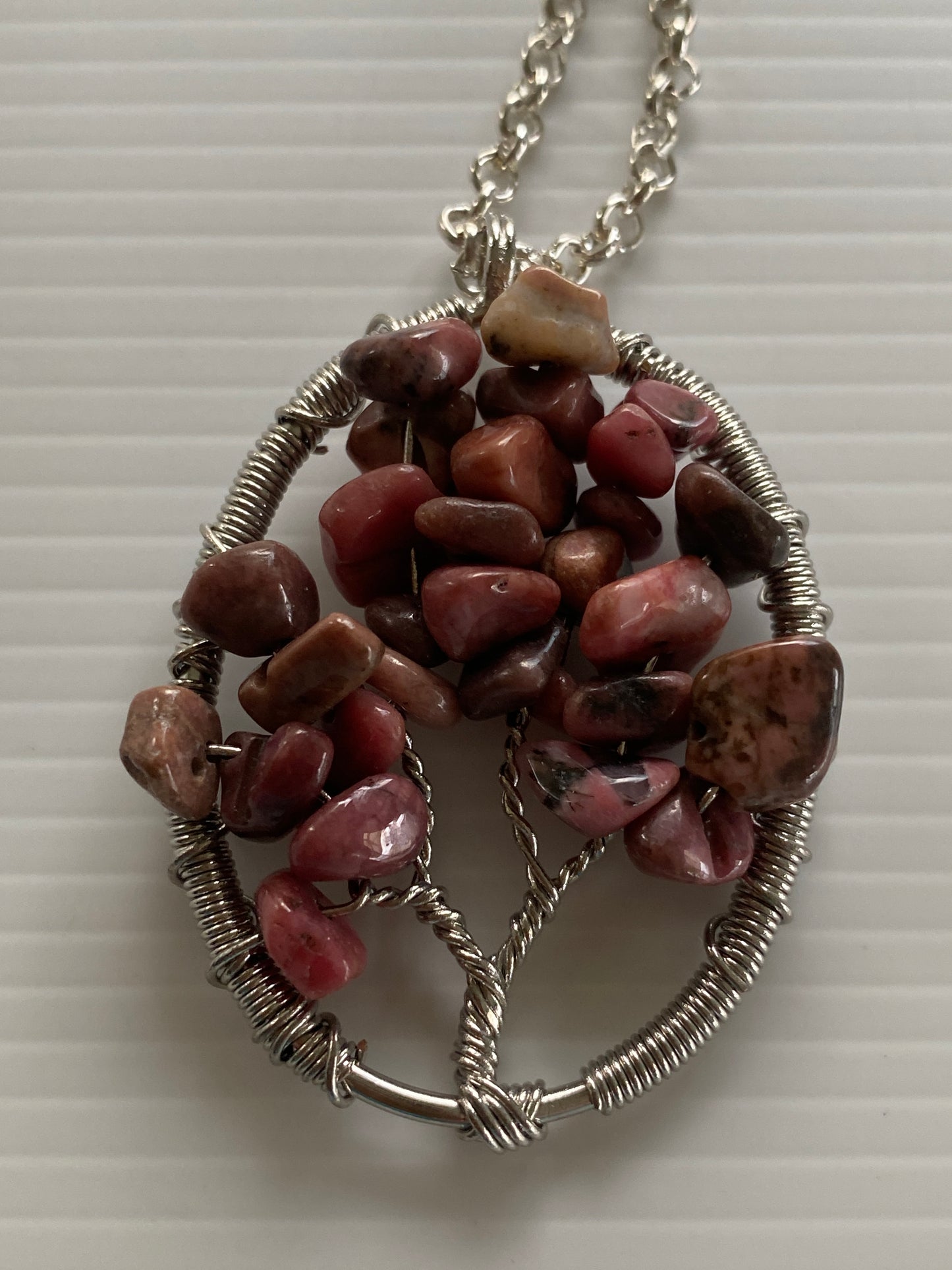 Tree of Life Rhodonite Chip  Oval Necklace Silver Plate Rolo style Chain