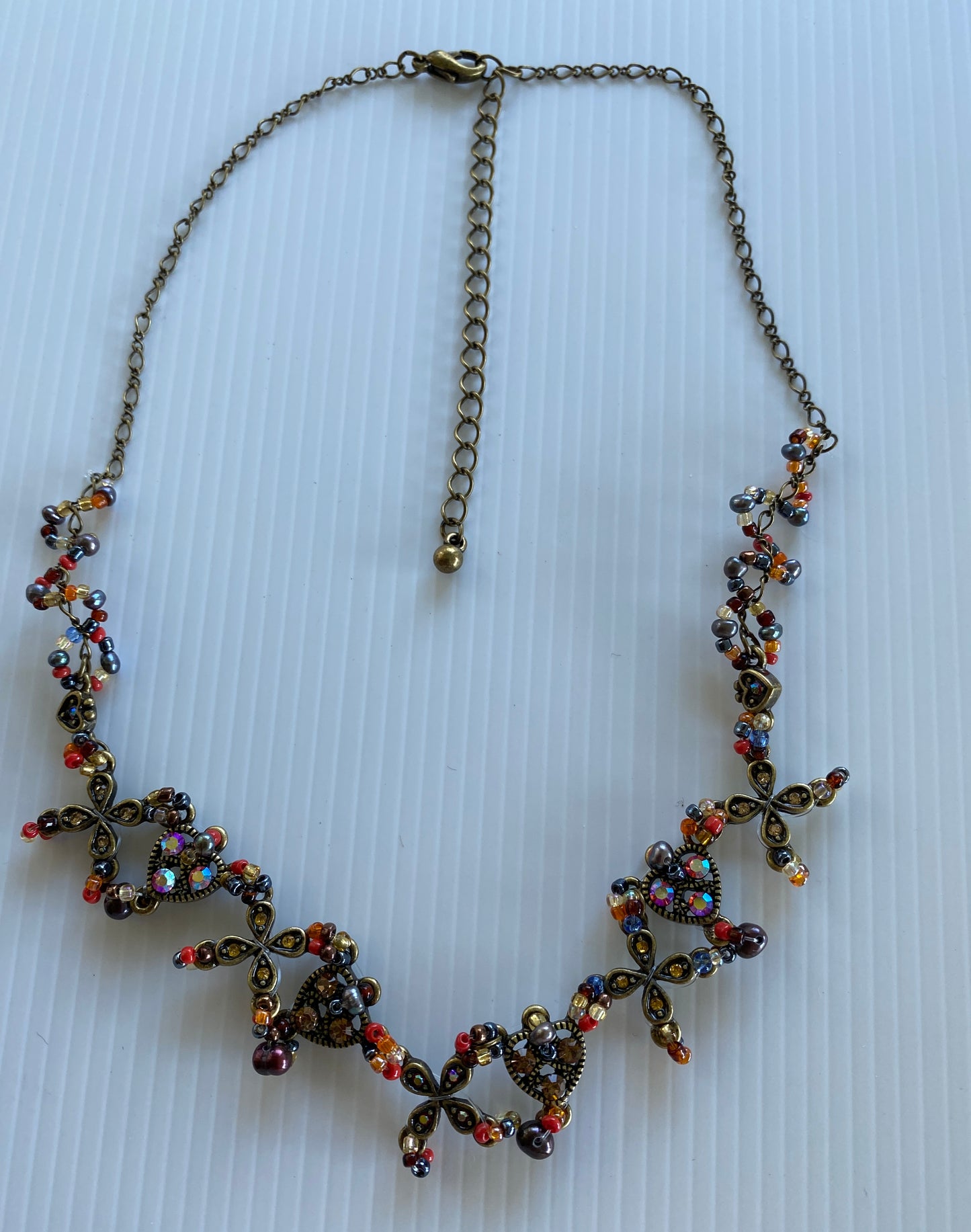 Antique Look Bronze Tone Short Multi-colour Stone & bead Focal Floral Spread Necklace