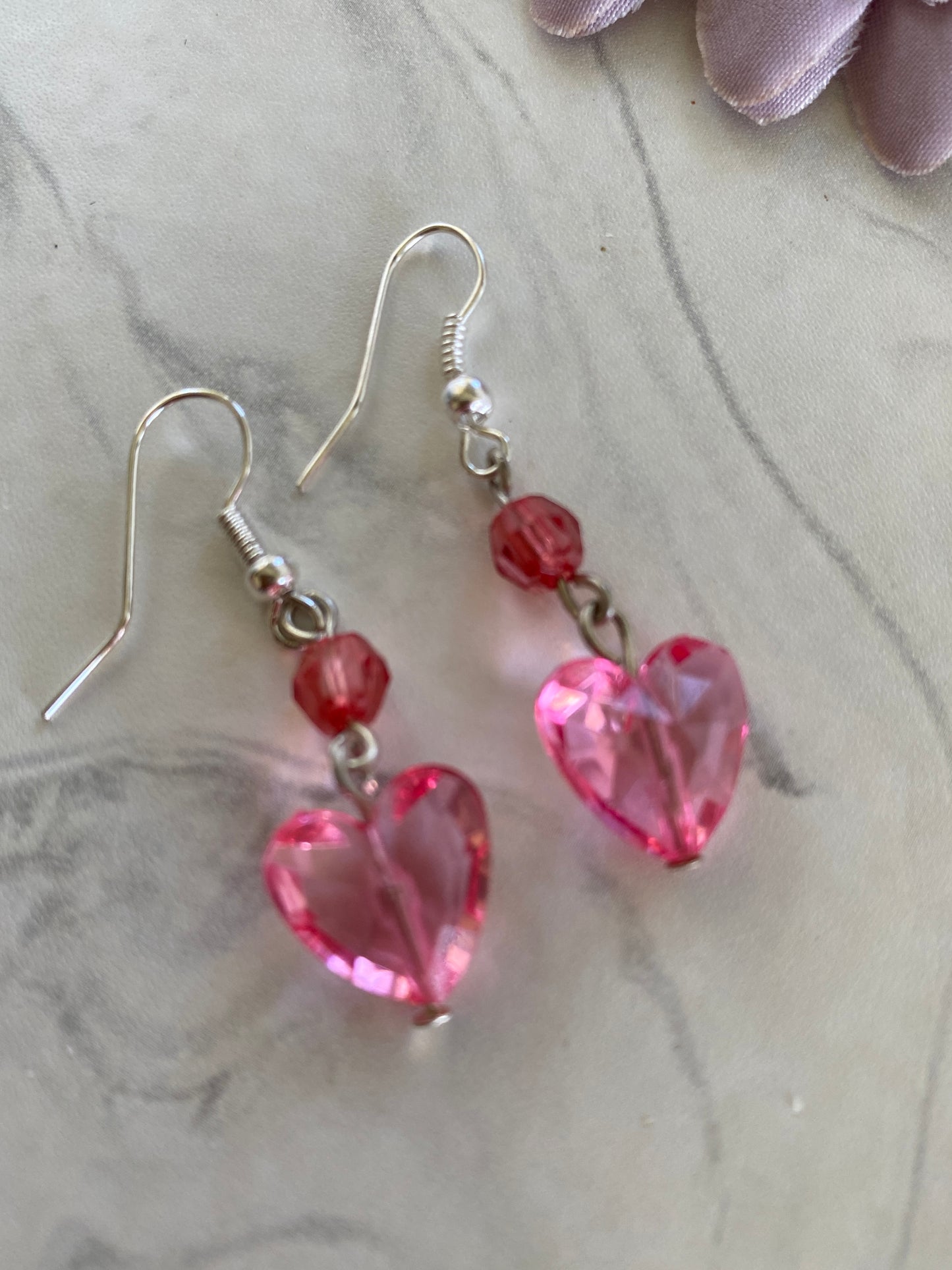 Long Dangle Pink Heart Earrings In assorted Ear Fastenings