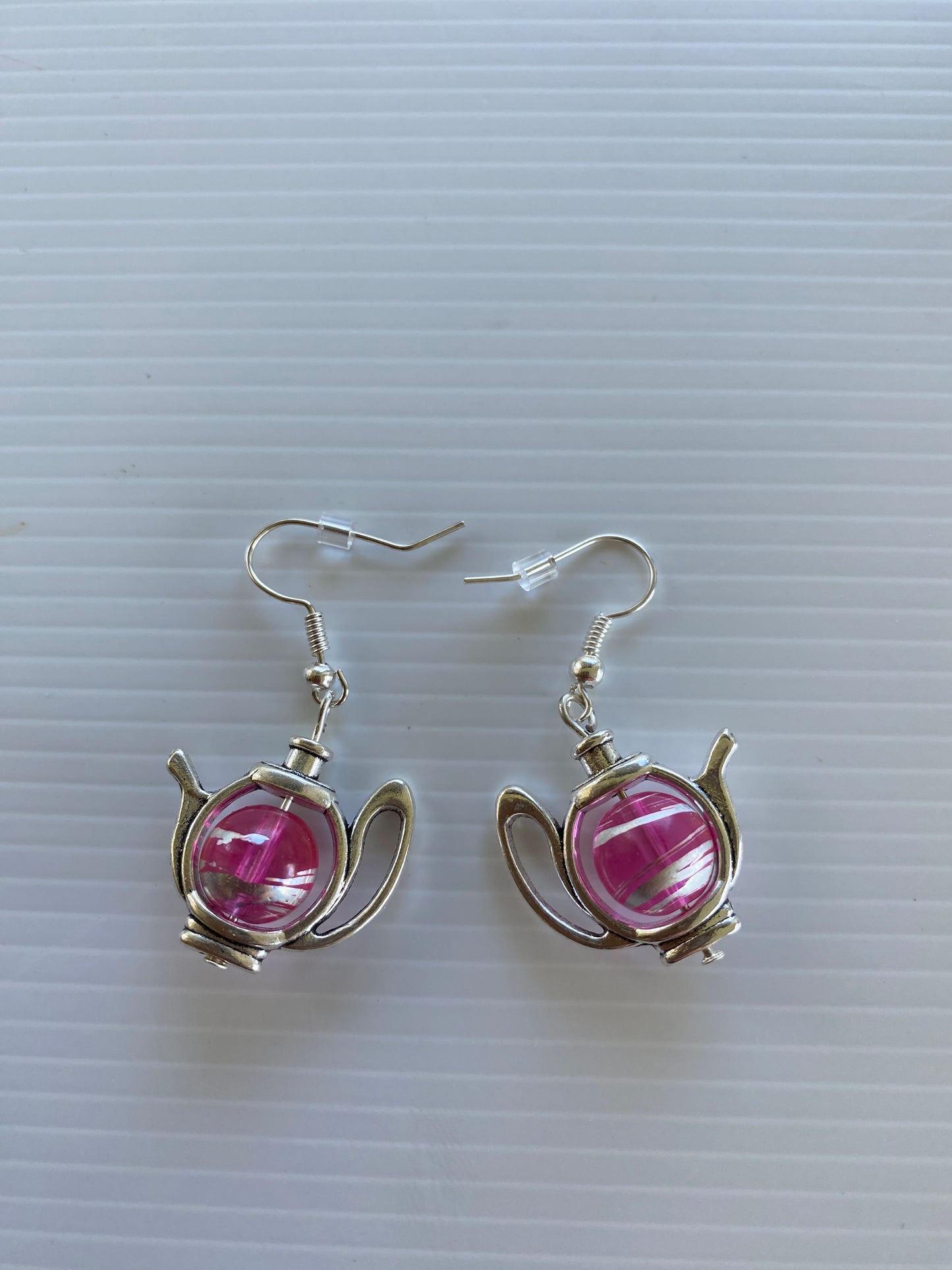 Teapot / Kettle Earrings Pink with Silver Swirl Pierced or Clip-On