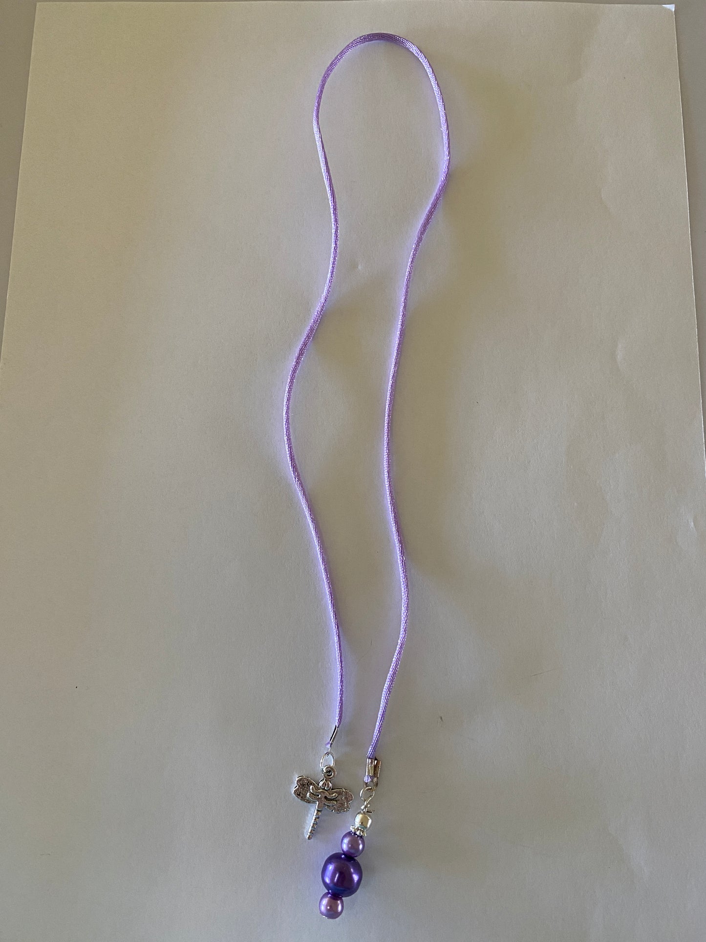 Beaded  Silk Cord BookMark Book Thong Dragonfly Charm Purple Glass Pearls gift