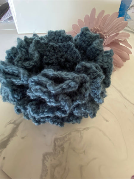 Hair Scrunchie Crochet Handmade Elastised Full Ruffled Denim Blue