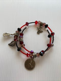 Memory Wire Slide on Beaded & Charm Bracelet no clasp Red Black Silver tones