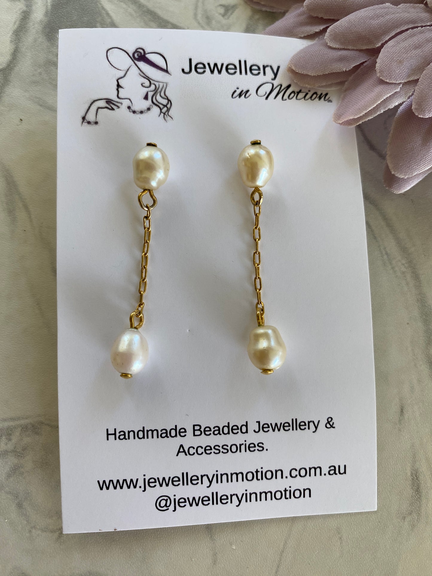 Double Pearl Drop Dangle Earrings with gold plate Chain