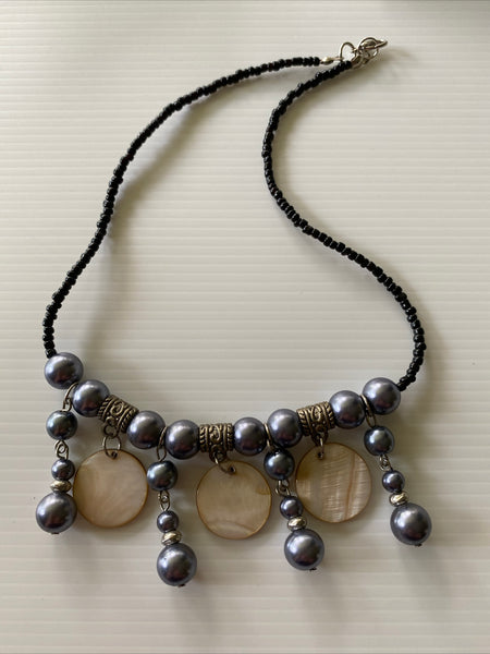 Black  Beaded Short Necklace Choker Blue Grey Glass pearl shiny round disc drops