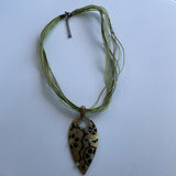 Olive Green Cord Ribbon  Necklace Choker Gold Tone Metal Teardrop Green Stones