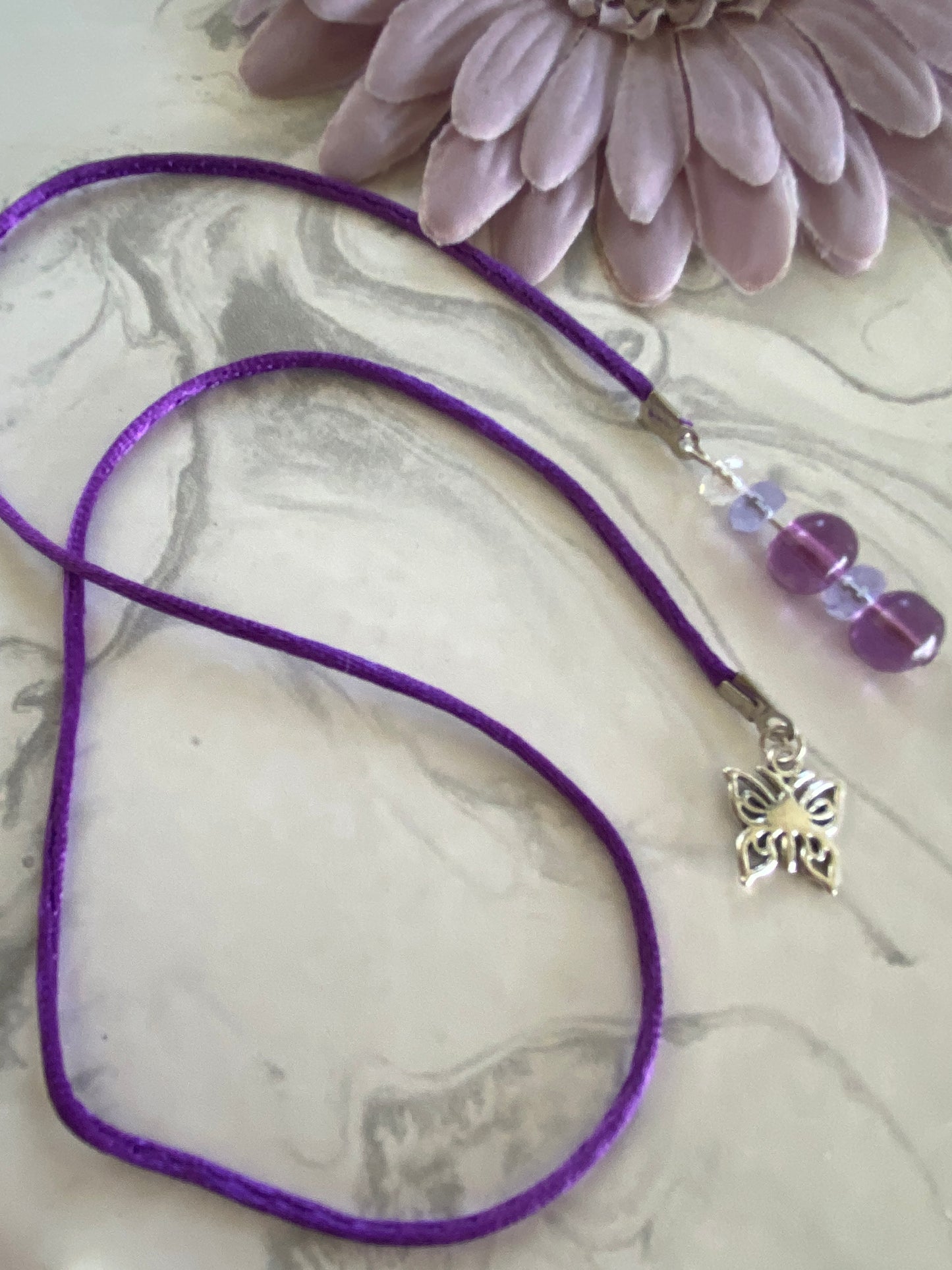 Beaded  Silk Cord Book Mark Book Thong Butterfly  Charm Dark Purple Glass Beads gift