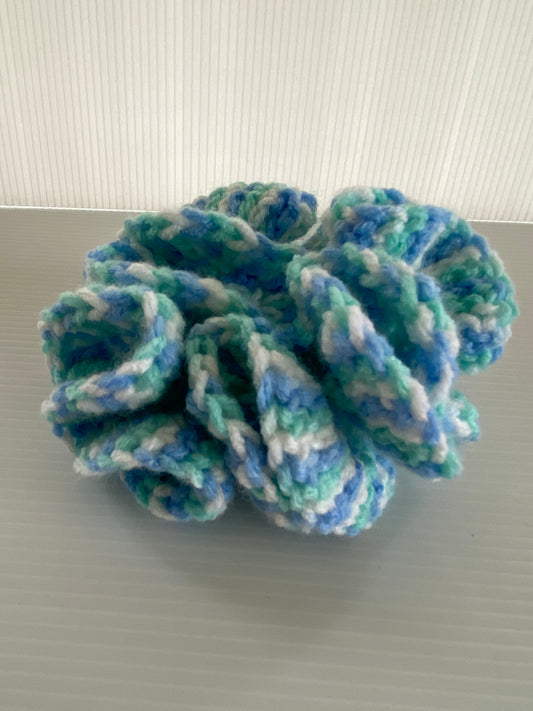 Hair Scrunchy Elasticized Full Ruffle Sea Shimmer   Blue , Green & White