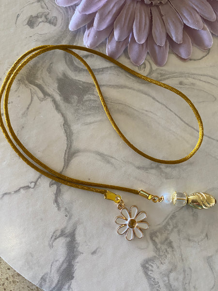 Beaded Silk Cord BookMark Book Thong Flower Charm Gold White Clear Bead Gift