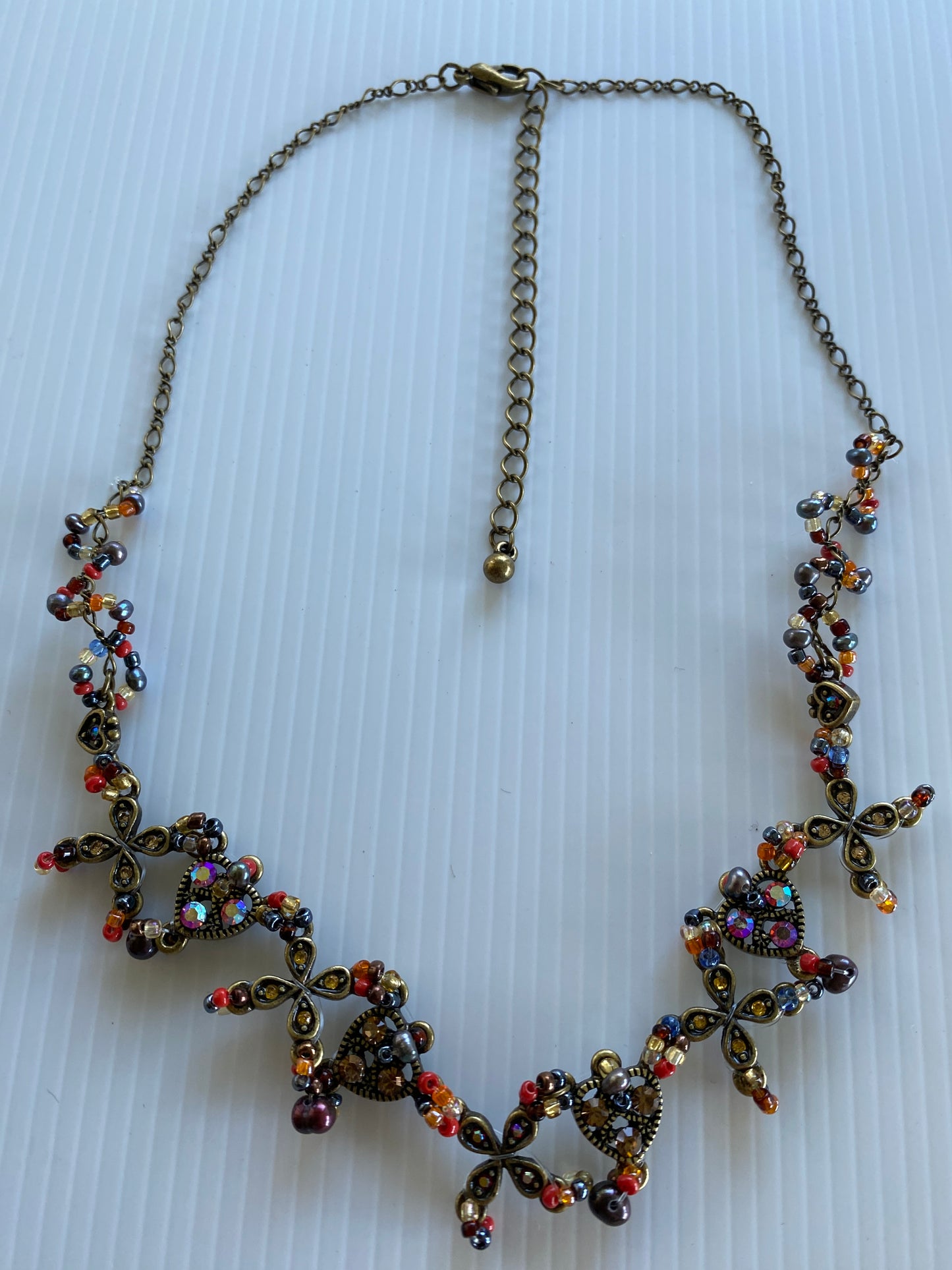 Antique Look Bronze Tone Short Multi-colour Stone & bead Focal Floral Spread Necklace